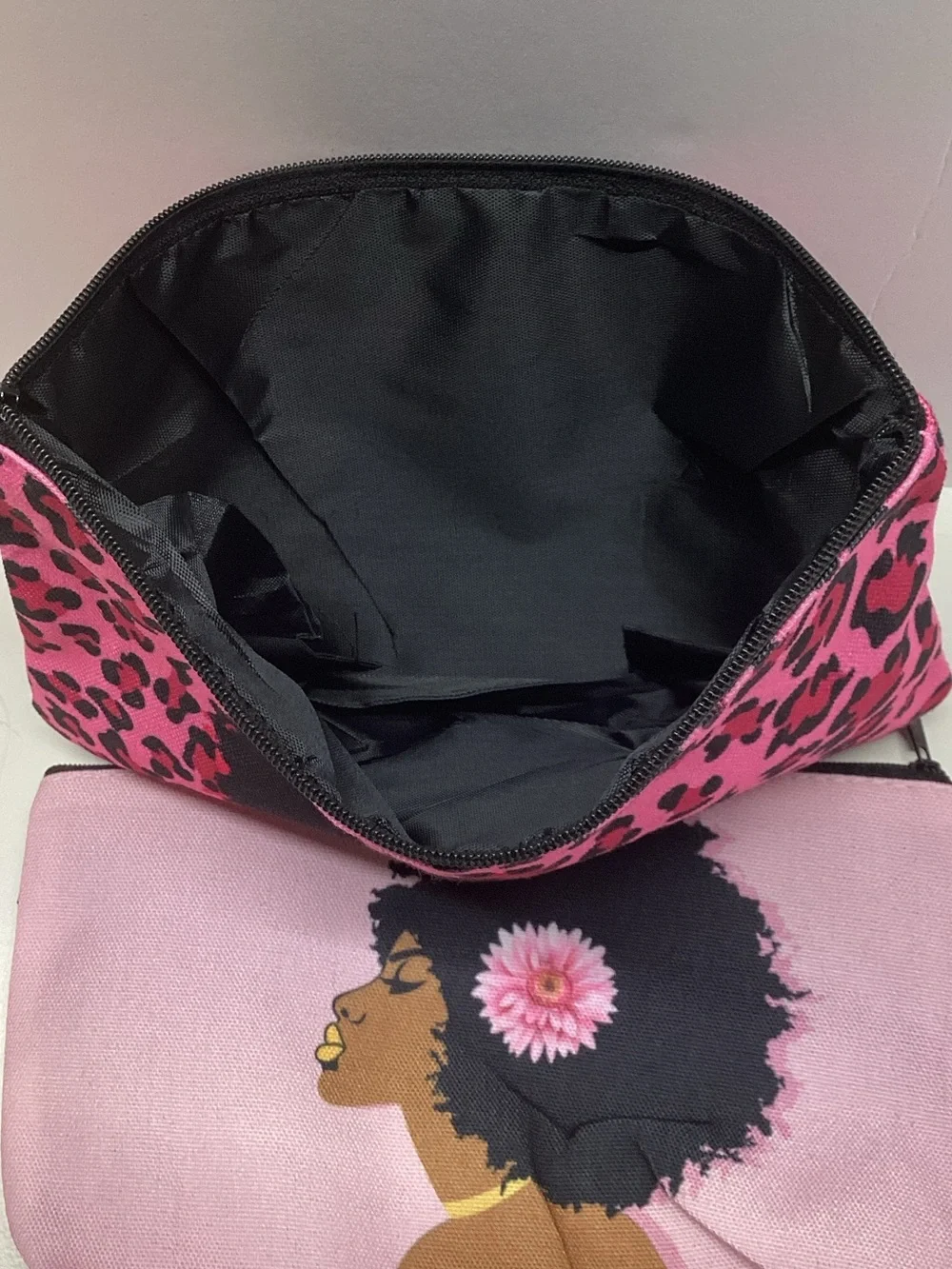 Set of 2 Pink Afro Melanin Queen Cosmetic Makeup Bags